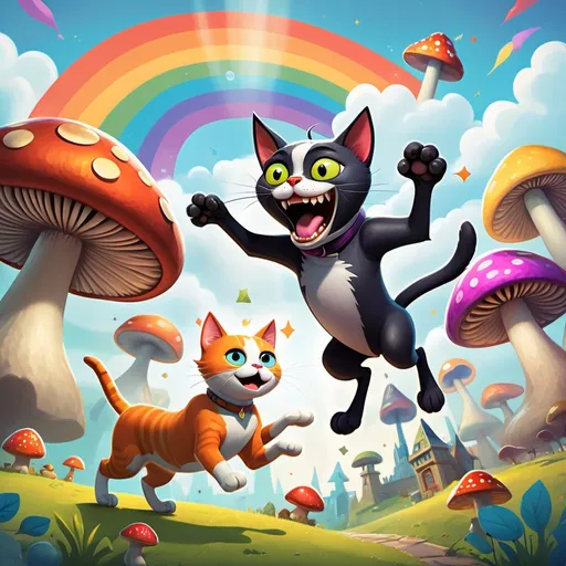 Prompt: "A cartoon-style image of a cat and a dog having a playful battle in a fantasy world. The cat is a sleek, fierce character with big, exaggerated eyes, and the dog is a strong, cheerful character with a big smile. Both are in a whimsical, colorful setting with a rainbow in the sky, floating clouds, and giant mushrooms. The cat is playfully swatting at the dog, and the dog is playfully barking back, with comic-style speech bubbles showing fun banter."

