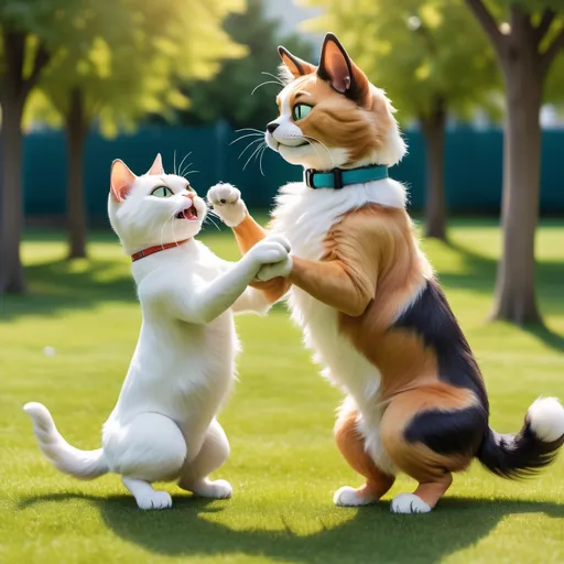 Prompt: "A playful and dynamic scene showing a cat and a dog in a friendly competition. The cat is sitting confidently on one side, with its fur fluffy and eyes wide, while the dog is standing on the other side, wagging its tail with a playful stance. The background is a bright, sunny park with green grass, a few trees, and a clear blue sky. The cat and dog are in an action-packed but lighthearted pose, conveying a sense of friendly rivalry."

