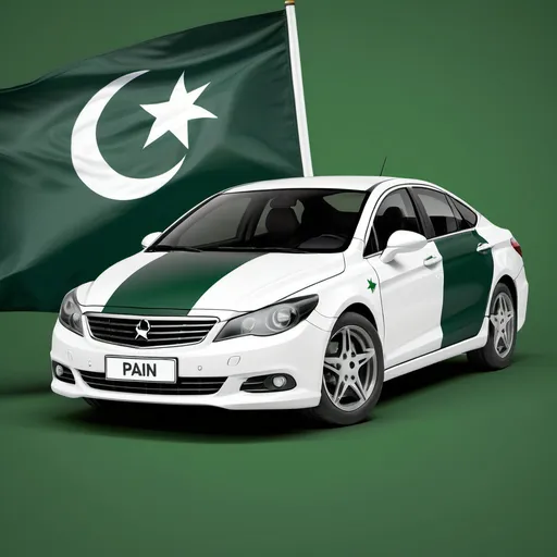 Prompt: "A realistic image of a car with the Pakistan flag on it. The car should be a modern sedan or sports car, and the flag should be painted on the sides of the car, with the green background, white crescent, and five-pointed star visible clearly. The flag should be integrated onto the body of the car as a wrap or paint job. The car is parked in a natural outdoor setting with bright sunlight, showcasing the vibrant green and white colors of the flag."


