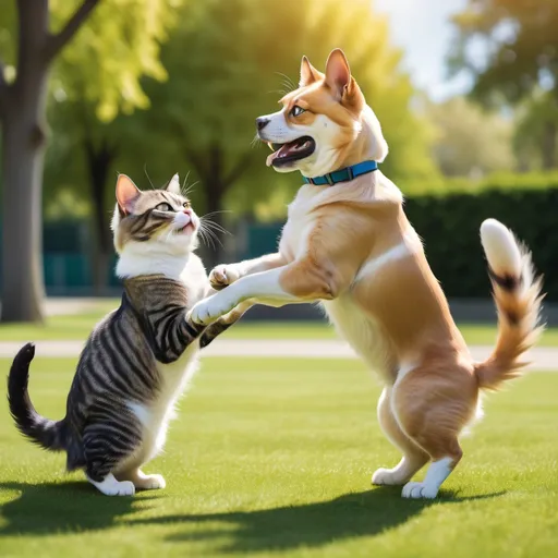 Prompt: "A playful and dynamic scene showing a cat and a dog in a friendly competition. The cat is sitting confidently on one side, with its fur fluffy and eyes wide, while the dog is standing on the other side, wagging its tail with a playful stance. The background is a bright, sunny park with green grass, a few trees, and a clear blue sky. The cat and dog are in an action-packed but lighthearted pose, conveying a sense of friendly rivalry."

