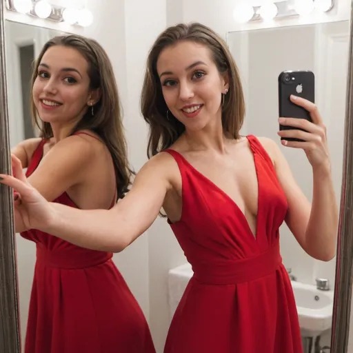 Prompt: 27 year old woman making selfie in mirror with red dress on