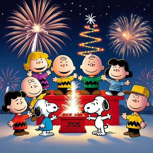 Prompt: The Peanuts Gang aer celebrating the New Year 2025 with festivities and fireworks.