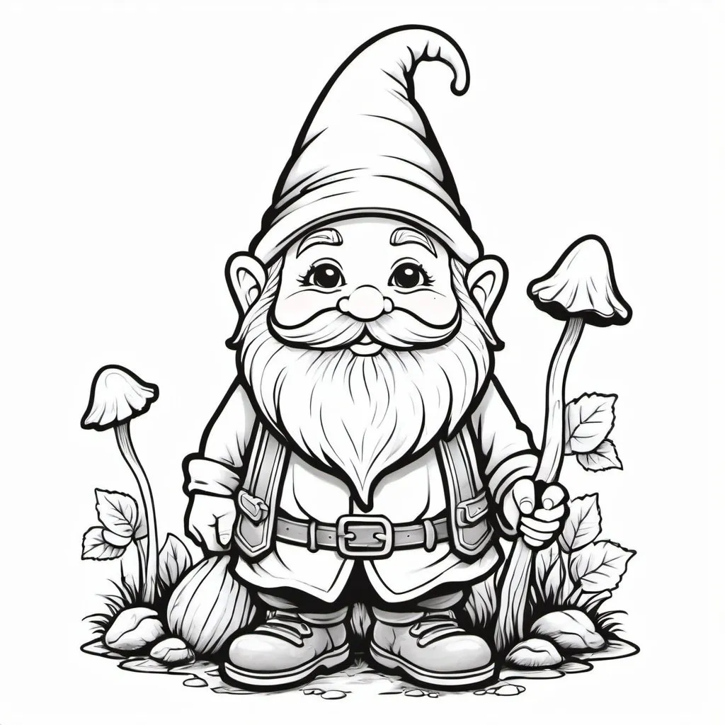 Cute gnome black and white coloring page