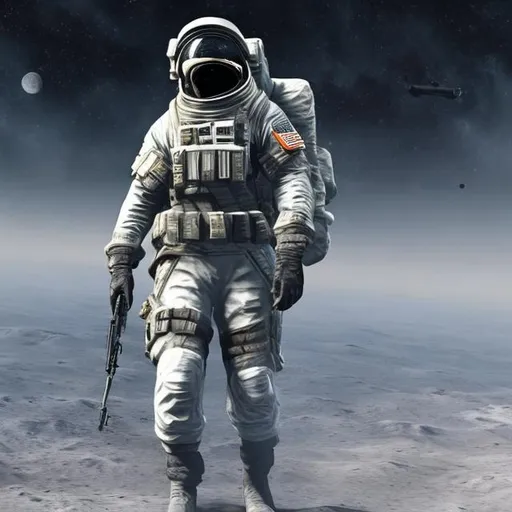 Prompt: CALL OF DUTY SOLDIER IN SPACE WITH MOON LONELY NICE SKEEN NEAT FACE SMALL NOSE LONG HAIR MESSY
