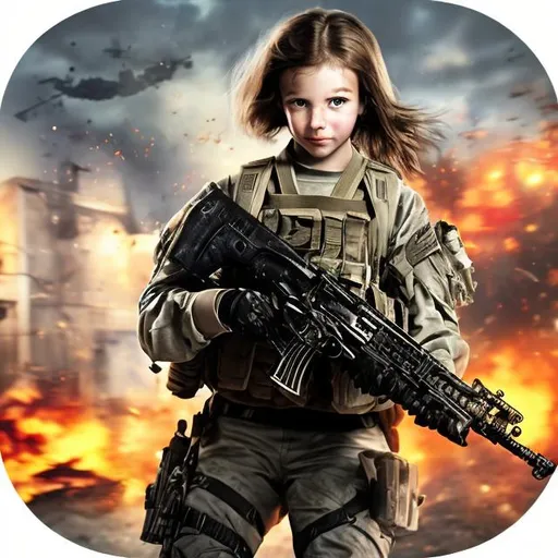 Prompt:  call of duty soldier with nice skeen future gun m4  with flash behind cute girl with long hair victory run into house in space with stars and fire  with long white messy hair cute soldier happy girl