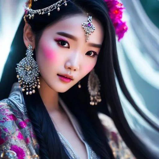 Prompt: 1 girl, close-up photo for a asian mythical beautiful woman [Yoona:Lee Ji-eun], silver white flowing long hair with symmetric braids, cool grayish blue long eye, straight nose, detailed perfect face, pale skin, cool expression, black background, rim light, back light. she wears a colorful magical robe with intricated design, with ghostly accessories and tattoo, the trend of artstation fantastic style.