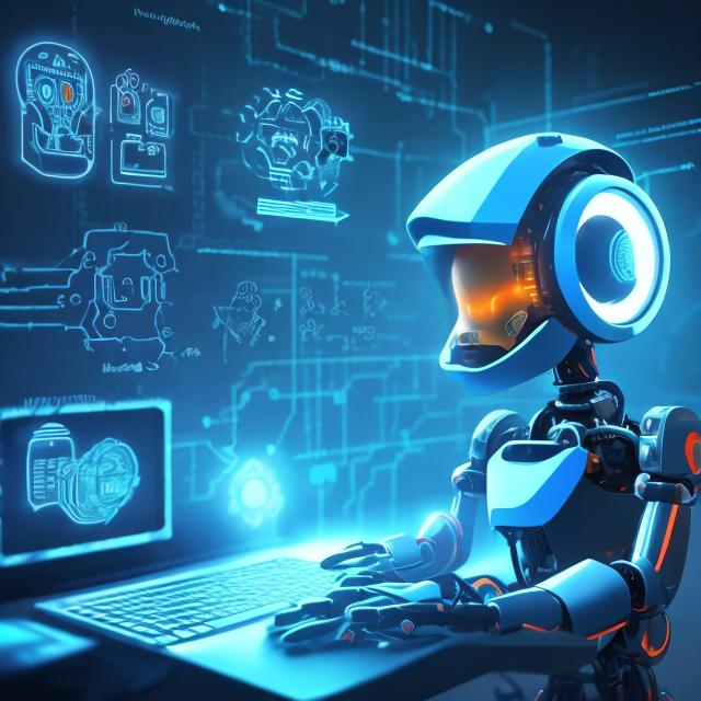 Prompt: ai bot mistory world heaker in dark room working on computer dark mode blue light  bot thinking world bot attack