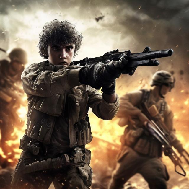 Prompt: boy fight in battle in call of duty bagroung fire and light dark night messy hair with pistol nice skeen