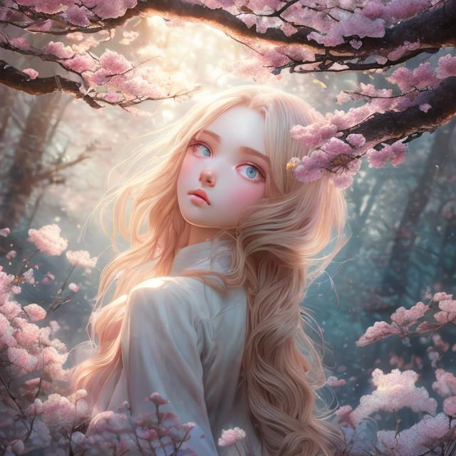 Prompt: (masterpiece) (highly detailed) (top quality) (cinematic shot)  anime style, 4:1, front view, goddess of forest, instagram able, 1girl, reflections, depth of field, 2D illustration, professional work, long hair, blonde hair, centered shot from below, dark blue eyes, cherry blossom forest.