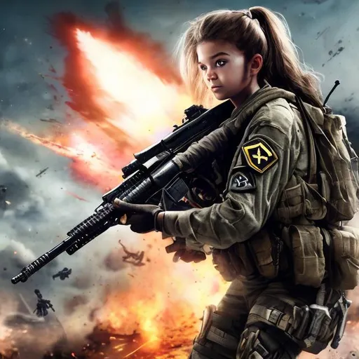 Prompt:  call of duty soldier with nice skeenputure gun m4  with flash behind cute girl with long hair victory run into house in space with stars and fire  with white messy hair