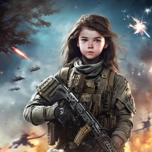 Prompt:  call of duty soldier with nice skeen future gun m4  with flash behind cute girl with long hair victory run into house in space with stars and fire  with long white messy hair cute soldier happy girl save her friends with chapper lady