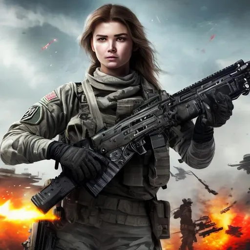 Prompt:  call of duty soldier with nice skeen future gun m4  with flash behind cute lady with long hair victory in space with stars and fire  with long white messy hair cute soldier happy lady save her friends with chapper lady blue eyes white skeen day baground face reval codm israel flag squad