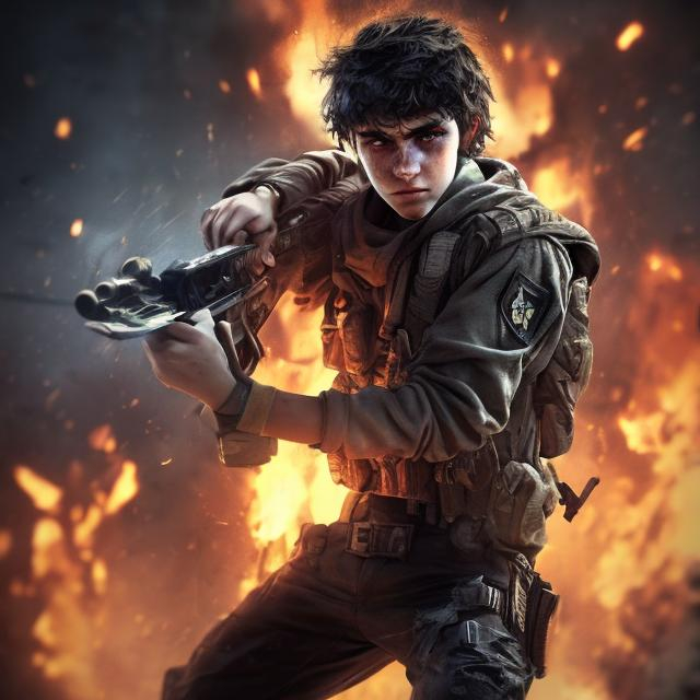 Prompt: boy fight in battle in call of duty bagroung fire and light dark night messy hair with pistol nice skeen young man reall people profile picture cute and davil