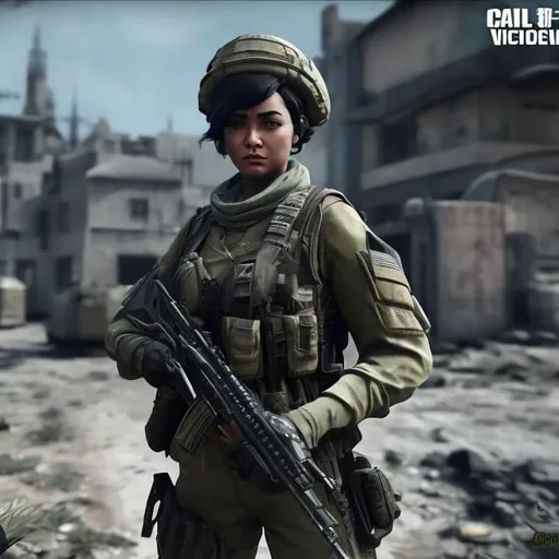 Prompt: call of duty profile of victory display on screen cute lady soldier on screen with neat skeen