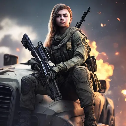 Prompt: call of duty  young lady soldier face profile picture sitting on car with gun m4 mythic waiting for fly  young man nice face long white  hair white clothes baground blue dark sky with stars and fire around and boombs squad golas run 