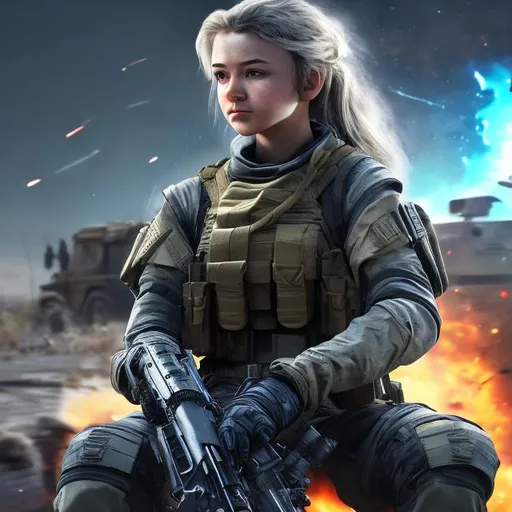 Prompt: call of duty  young lady soldier face profile picture sitting on car with gun m4 mythic waiting for fly  young man nice face long white  hair white clothes baground blue dark sky with stars and fire around and boombs squad golas run in space and water