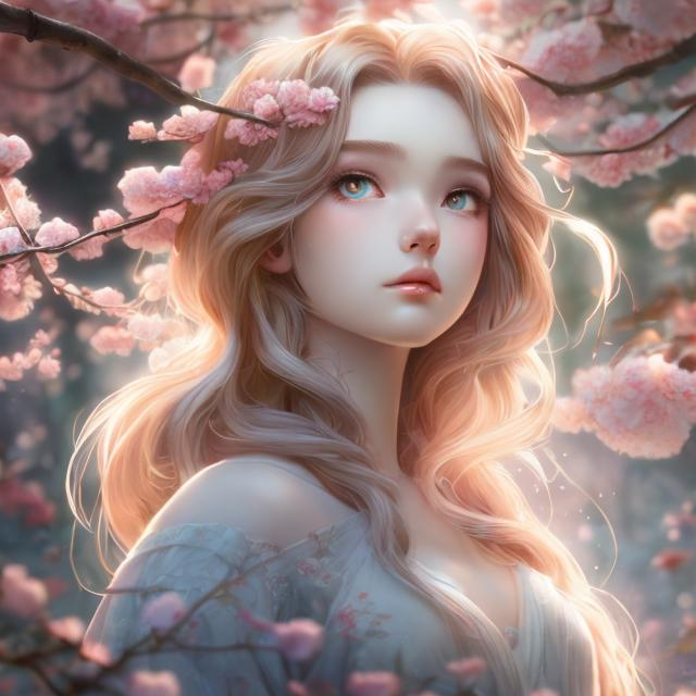 Prompt: (masterpiece) (highly detailed) (top quality) (cinematic shot)  anime style, 4:1, front view, goddess of forest, instagram able, 1girl, reflections, depth of field, 2D illustration, professional work, long hair, blonde hair, centered shot from below, dark blue eyes, cherry blossom forest.