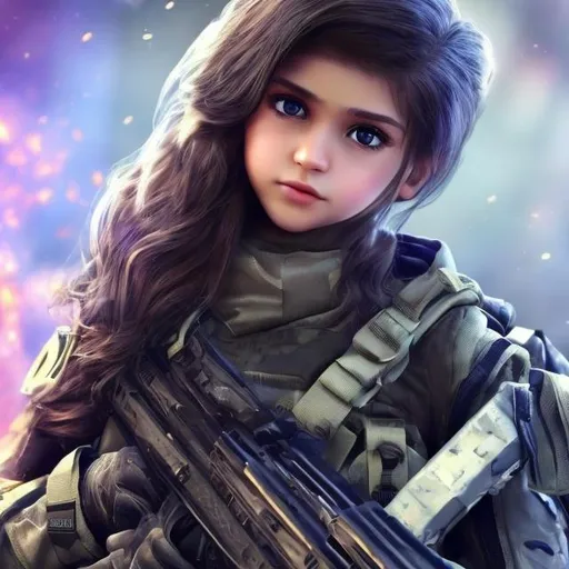 Prompt: lovely call of duty gamer with suit with leazer eyes burn beautiful girl  fighting codm model girl close up  long white hair small nose cute girl boss with gun morning vibes