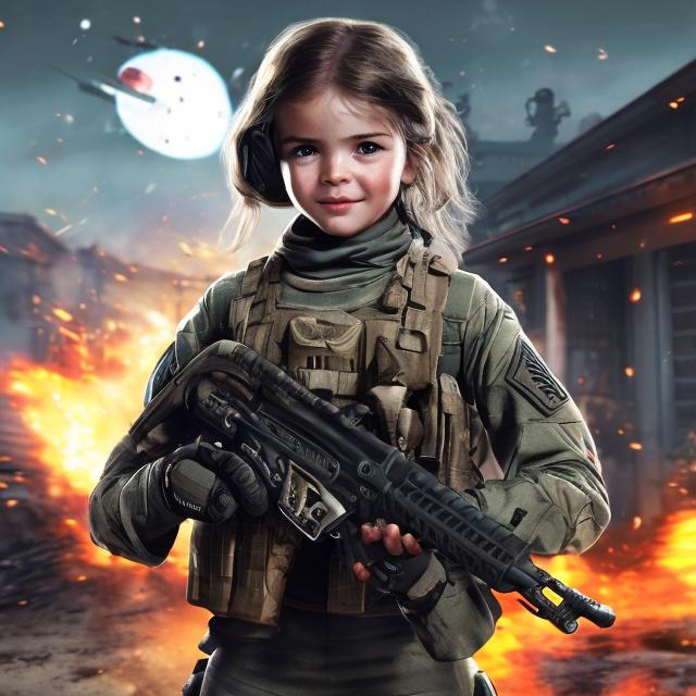 Prompt:  call of duty soldier with nice skeen future gun m4  with flash behind cute girl with long hair victory run into house in space with stars and fire  with long white messy hair cute soldier happy girl save her friends with chapper