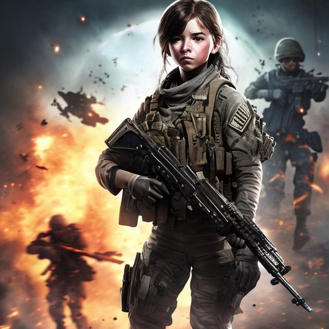 Prompt:  call of duty soldier with nice skeen future gun m4  with flash behind cute girl with long hair victory run into house in space with stars and fire  with long white messy hair cute soldier happy girl save her friends with chapper lady