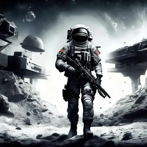 Prompt: CALL OF DUTY SOLDIER IN SPACE WITH MOON LONELY NICE SKEEN NEAT FACE SMALL NOSE LONG HAIR MESSY