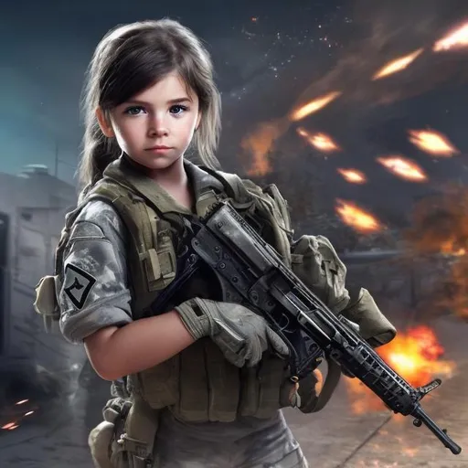 Prompt:  call of duty soldier with nice skeen future gun m4  with flash behind cute girl with long hair victory run into house in space with stars and fire  with long white messy hair cute soldier happy girl save her friends with chapper lady blue eyes white skeen