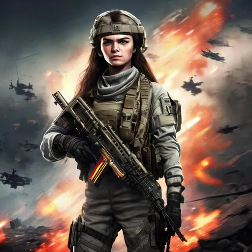 Prompt:  call of duty soldier with nice skeen future gun m4  with flash behind cute lady with long hair victory in space with stars and fire  with long white messy hair cute soldier happy lady save her friends with chapper lady blue eyes white skeen day baground face reval codm israel flag