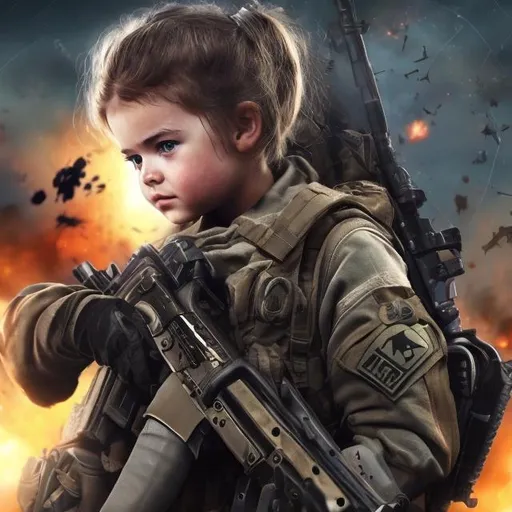 Prompt:  call of duty soldier with nice skeen future gun m4  with flash behind cute girl with long hair victory run into house in space with stars and fire  with long white messy hair cute soldier happy girl