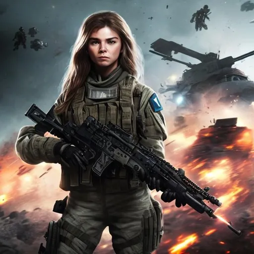 Prompt:  call of duty soldier with nice skeen future gun m4  with flash behind cute lady with long hair victory in space with stars and fire  with long white messy hair cute soldier happy lady save her friends with chapper lady blue eyes white skeen day baground face reval codm israel flag squad