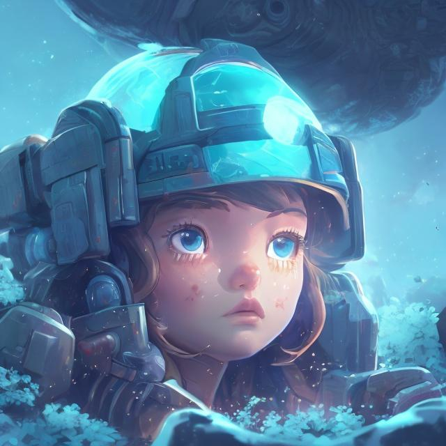 Prompt: secret place space planet  mistery  with call of duty soldier girl long hair and blue eyes small face small nose sitting and rest 
