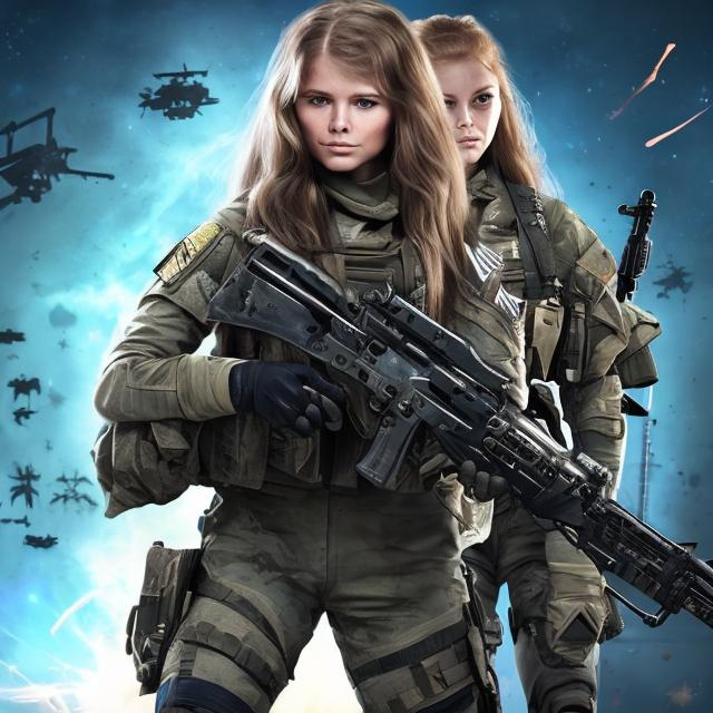 Prompt:  call of duty soldier with nice skeen future gun m4  with flash behind cute lady with long hair victory in space with stars and fire  with long white messy hair cute soldier happy lady save her friends with chapper lady blue eyes white skeen day baground face reval