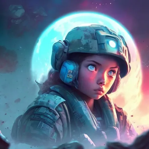 Prompt: secret place space planet  mistery  with call of duty soldier girl long hair and blue eyes small face small nose sitting and rest
