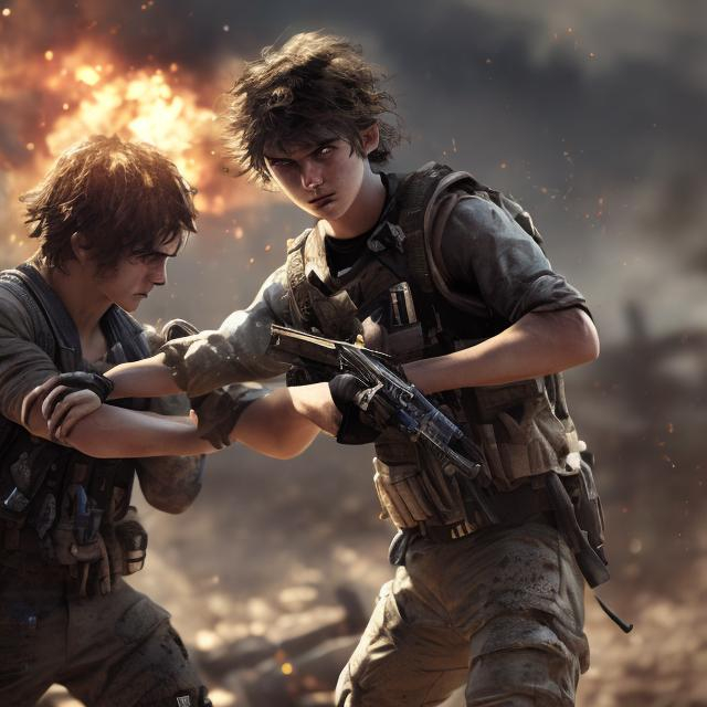 Prompt: boy fight in battle in call of duty bagroung fire and light dark night messy hair with pistol nice skeen young man reall people profile picture