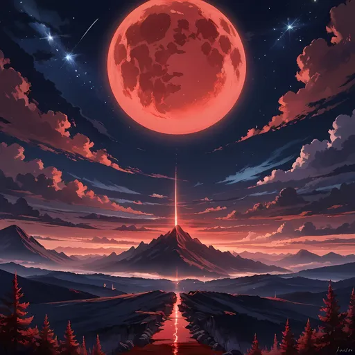 Prompt: (8k-UHDR Anime illustration), (Blood Red Full Moon), dramatic night sky, Lustfull, vivid colors, surreal and mystical atmosphere, dark silhouettes of distant mountains, shimmering stars, emotive ambiance, ethereal lighting, captivating depth and contrast, overall cinematic experience, high detail and quality, enchanting scenery.