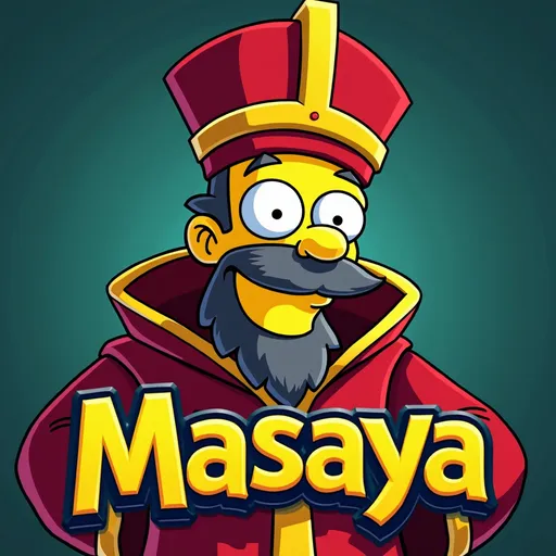 Prompt: Close-up, Professional, Flawless (accurately spelled text "Masaya"), (dynamic logo design done in the Simpsons Art Style), Unique Happy Spanish Priest, Facing forwards, Mascot, modern, sleek, Cool, vibrant color palette, high contrast, bold typography, eye-catching visuals, unique shapes, professional aesthetic, crisp lines, conceptual representation, high detail, 4K quality, suitable for branding, engaging and memorable.