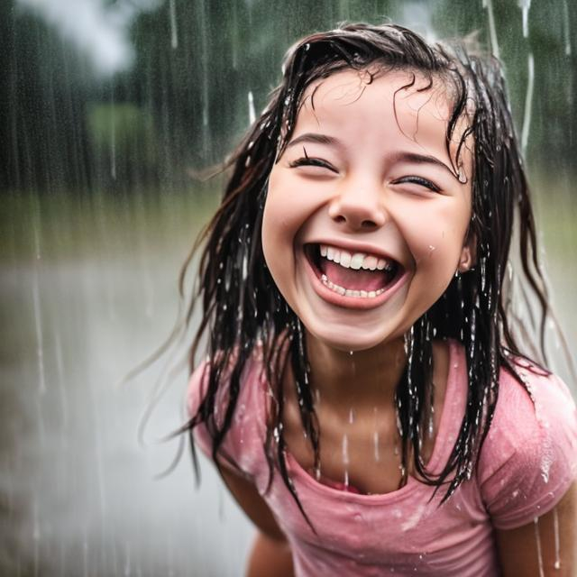 Prompt: Girl laughing while getting rained on

