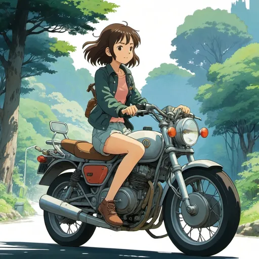 Prompt: 2d studio ghibli anime style, girl on motorcycle, anime scene