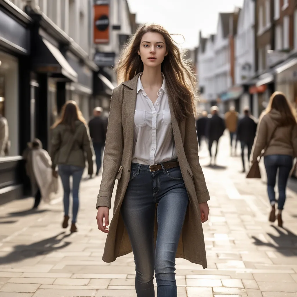 Prompt: <mymodel> Tall young woman walking down the high street, detailed clothing, realistic, natural lighting