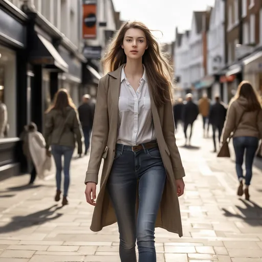 Prompt: <mymodel> Tall young woman walking down the high street, detailed clothing, realistic, natural lighting