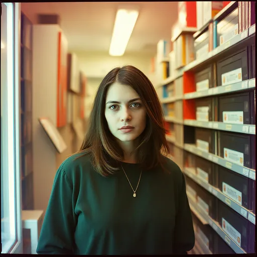 Prompt: Analog film photography still, portrait of a woman in a VHS store, grainy fujifilm film, anaglyph effect