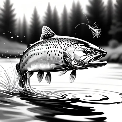 Prompt: Sketch a trout jumping for a fishing fly in black and white contrast, focus on the fly in the foreground