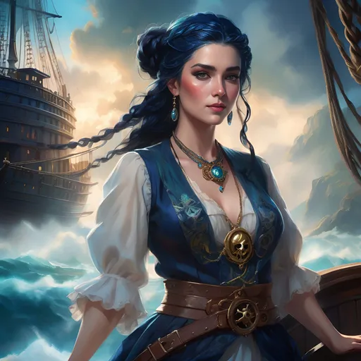 Prompt: Pirate woman, dark blue hair intricately braided, standing confidently on the bow of an ornate ship, wearing an elegant shell necklace, Nature elements on clothing and hair, ethereal background of swirling mist and iridescent waters, soft luminous glows enhancing the magical atmosphere, ultra-detailed, high quality, evoking a sense of adventure and enchantment. 