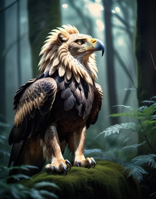 Prompt: Eagle-lion hybrid in a mystical forest, animal hybrid of an eagle and a lion, mix of lion and eagle, high quality, atmospheric lighting