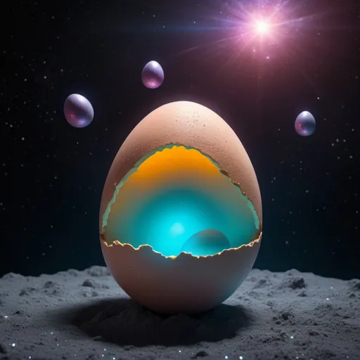 Prompt: Floating egg and egg powder in a meta-verse space, high-resolution, hyper-realistic, sci-fi, futuristic, surreal, luminous glow, floating egg, powdered egg, meta-verse, cosmic, detailed textures, ethereal lighting, otherworldly, space dust, sci-fi, vibrant colors, hyper-detailed, cosmic atmosphere