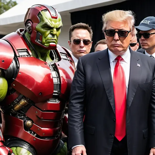 Prompt: Donald Trump is inside of the Hulk Buster suit. Elon Musk is wearing dark sunglasses and a black suit and wearing a MAGA hat.