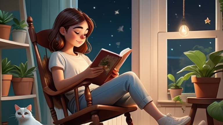 Prompt: A girl is sitting on a rocking chair in the room reading a book, with plants, cats, and coffee by the side. The scene is at night, with windows inside and stars outside

