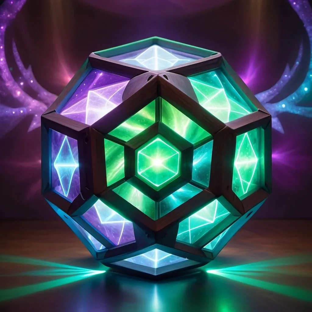 Prompt: a magical dodecahedron emitting a mix of green, blue, and purple lights