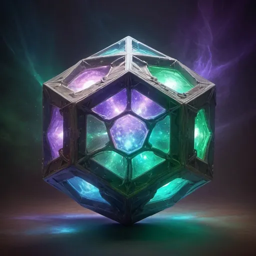 Prompt: a magical dodecahedron emitting a mix of green, blue, and purple lights