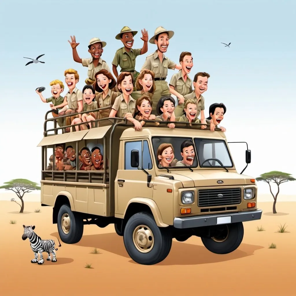 Prompt: safari truck with 21 people in it cartoon no background
