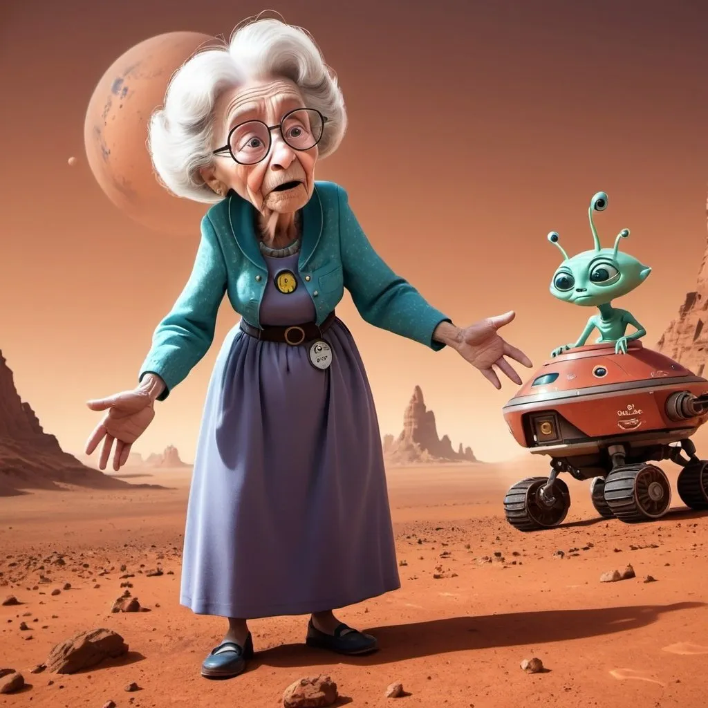 Prompt: a old, old, grandma being abducted by aliens on mars in a Disney image and it says be careful